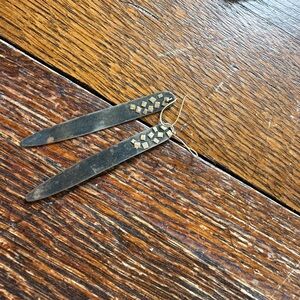 Hand Crafted Long Metal Dangle Earrings in Aged Silver and Gold Accents